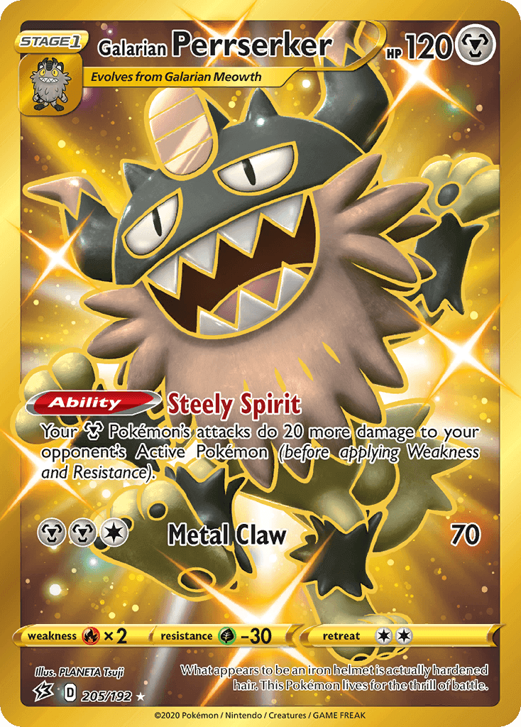 Galarian Perrserker (205/192) [Sword & Shield: Rebel Clash] card featuring its abilities and stats.
