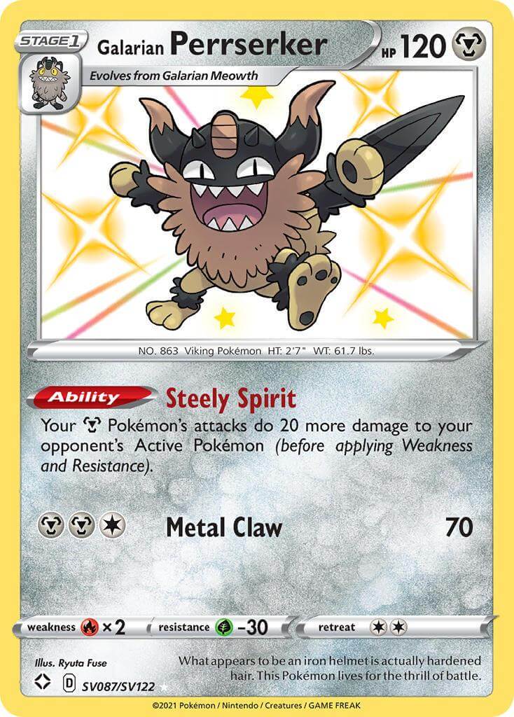 Galarian Perrserker (SV087/SV122) [Sword & Shield: Shining Fates] card with abilities and stats.