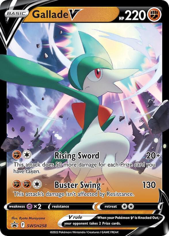 Gallade V (SWSH258) [Sword & Shield: Black Star Promos] card featuring HP 220 and attack moves Rising Sword and Buster Swing.