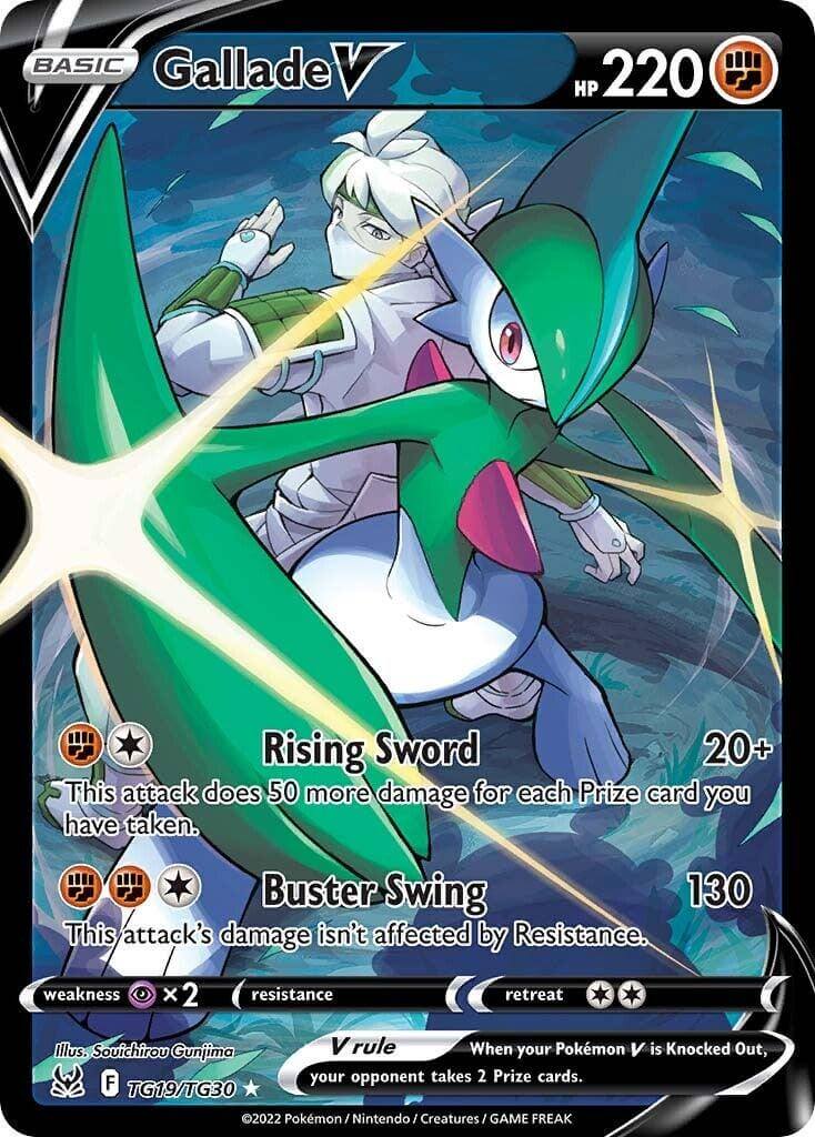 Gallade V (TG19/TG30) [Sword & Shield: Lost Origin] card showcasing Rising Sword and Buster Swing moves.