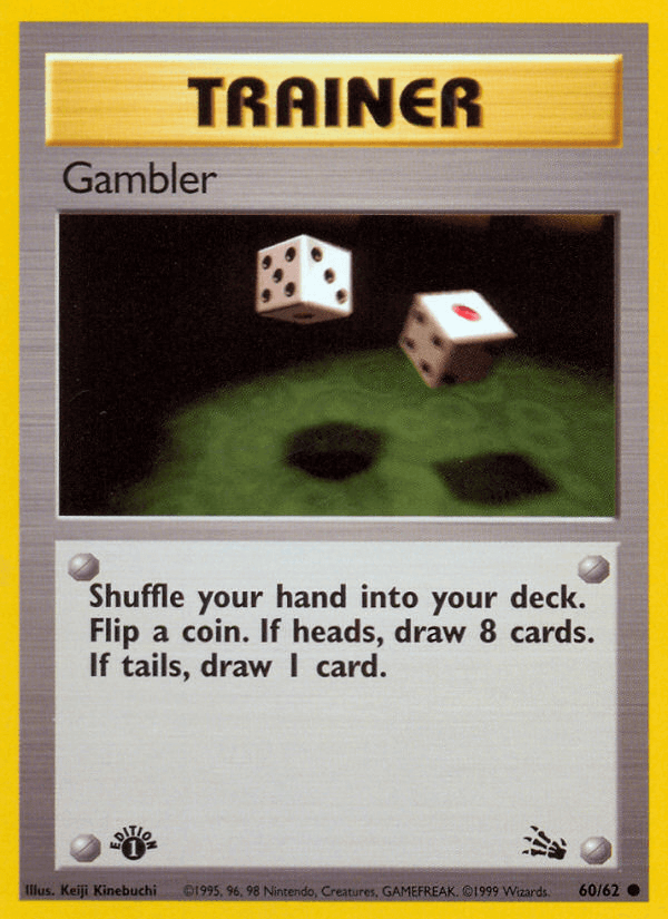Gambler (60/62) [Fossil 1st Edition] Trainer card featuring dice and instructions for gameplay.