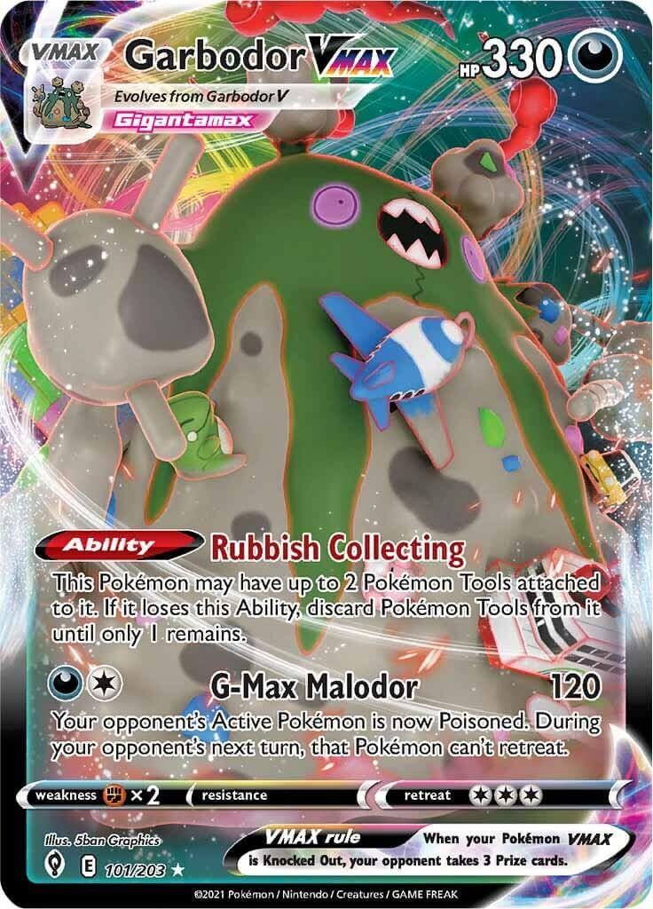 Garbodor VMAX (101/203) [Sword & Shield: Evolving Skies] showcasing its abilities and vibrant design.