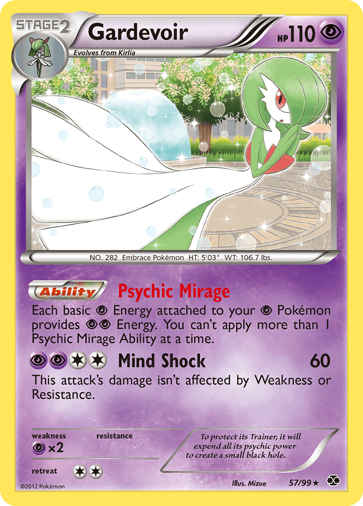 Gardevoir (57/99) [Black & White: Next Destinies] holo rare Psychic Pokémon card with abilities and detailed art.