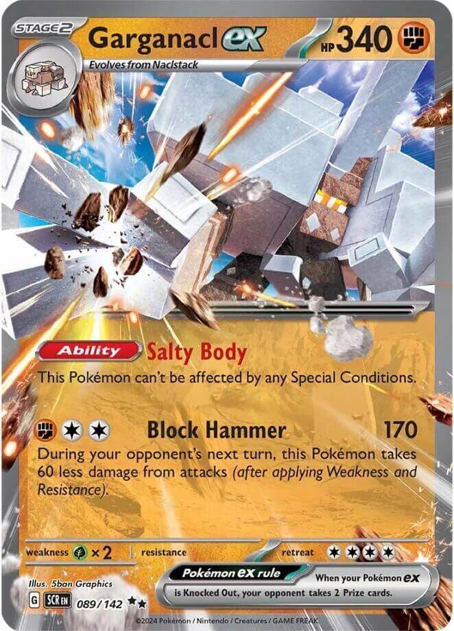 Garganacl ex (089/142) [Scarlet & Violet: Stellar Crown] card featuring HP 340 and abilities like Salty Body and Block Hammer.