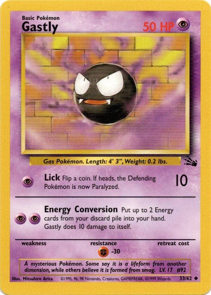 Gastly (33/62) [Fossil Unlimited] card featuring Psychic type with Uncommon rarity, displaying its unique HP and abilities.