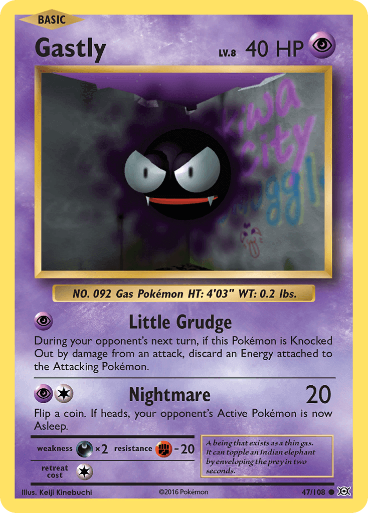 Gastly (47/108) [XY: Evolutions] card featuring Psychic type with Little Grudge and Nightmare abilities.