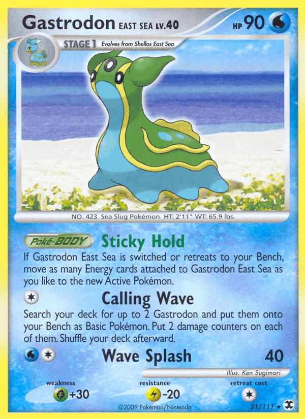 Gastrodon East Sea (21/111) [Platinum: Rising Rivals] Pokémon card with HP 90 and water type features.