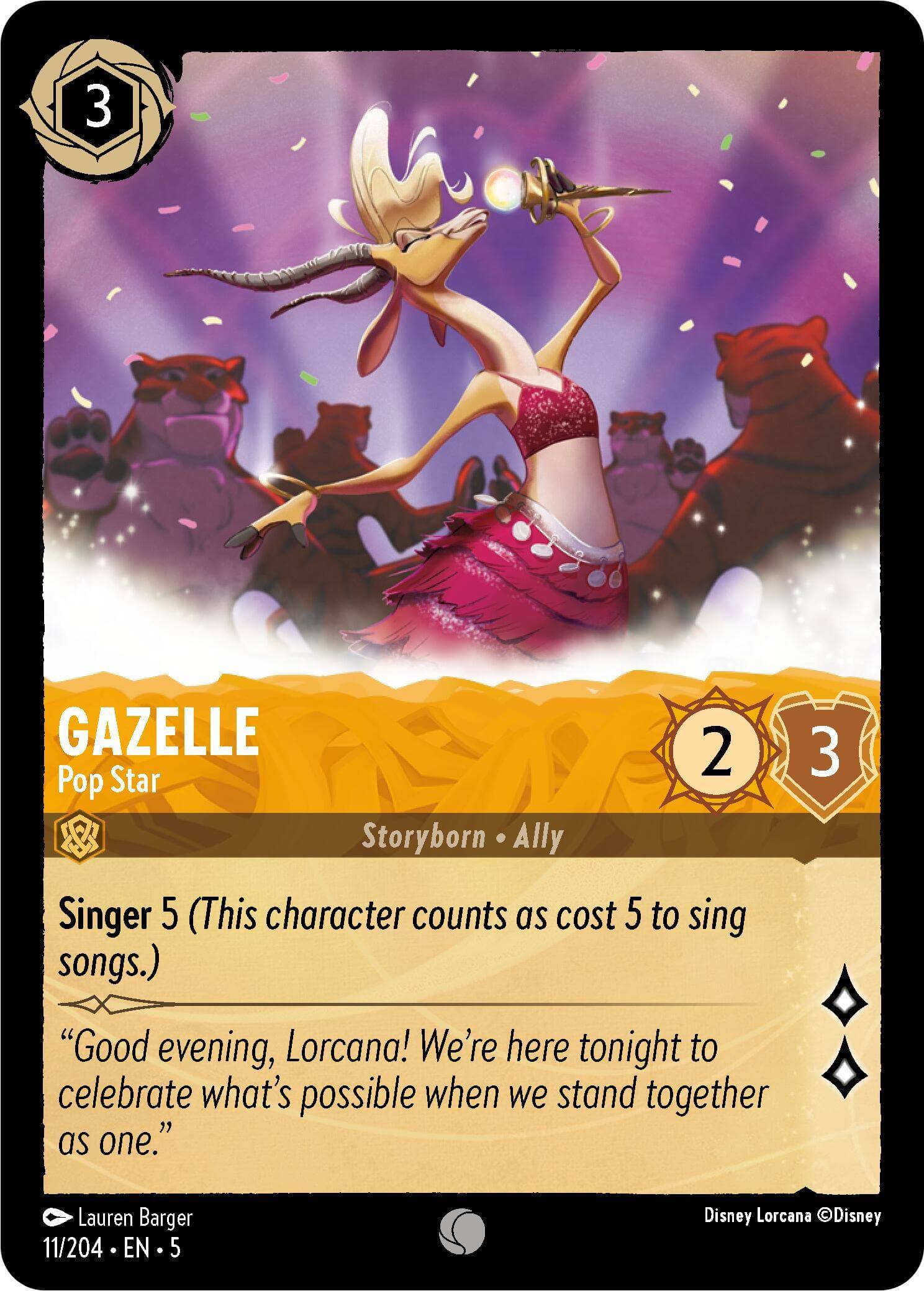 Gazelle - Pop Star (11/204) [Shimmering Skies] card featuring flavor text and character details for Disney Lorcana.