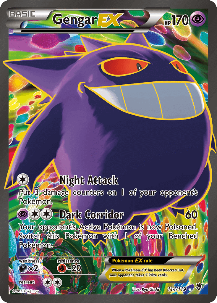 Gengar EX (114/119) [XY: Phantom Forces] featuring psychic type, ultra rare card with Night Attack and Dark Corridor moves.