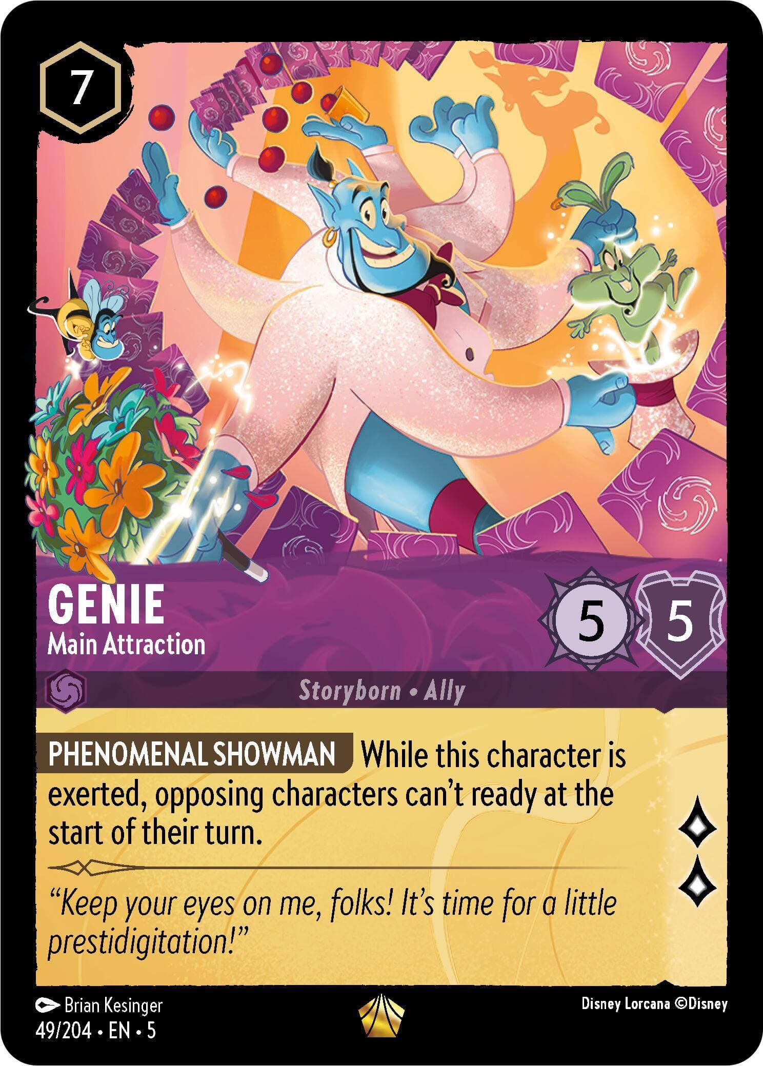 Genie - Main Attraction (49/204) [Shimmering Skies] card featuring a vibrant illustration of the character.