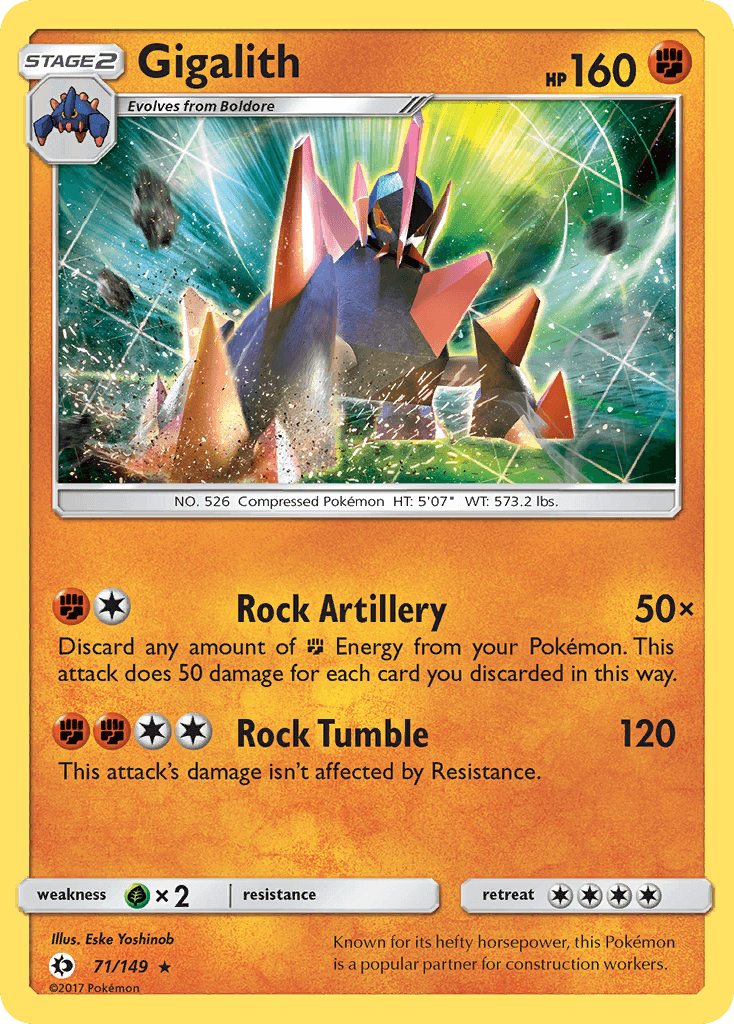 Gigalith (71/149) [Sun & Moon: Base Set] card featuring HP, abilities Rock Artillery and Rock Tumble.