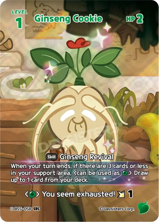 Ginseng Cookie BS5-058 SEC | Secret Rare Card with HP 2 and skill Ginseng Revival from CookieRun: Braverse TCG.