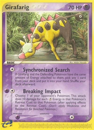 Girafarig (16/97) [EX: Dragon] card showcasing Psychic type rarity with abilities like Synchronized Search and Breaking Impact.