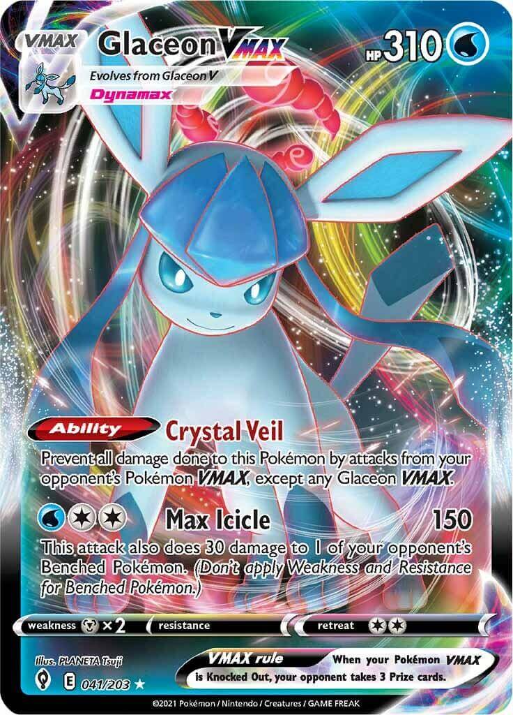 Glaceon VMAX (041/203) [Sword & Shield: Evolving Skies] featuring Crystal Veil and Max Icicle attacks.