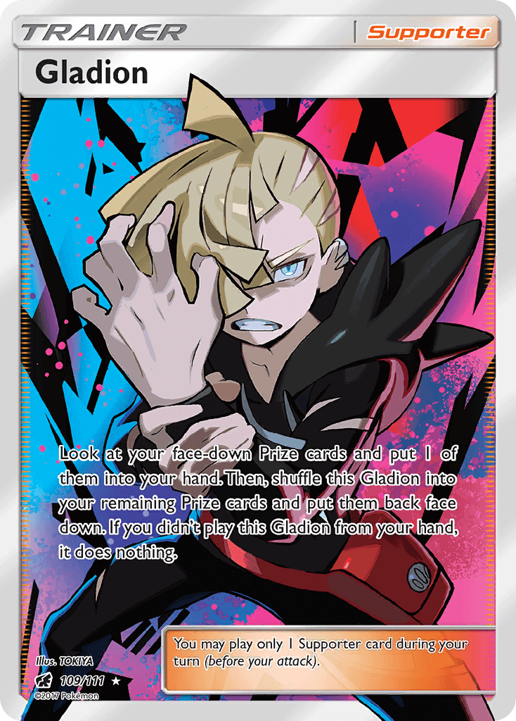 Gladion (109/111) [Sun & Moon: Crimson Invasion] Ultra Rare Supporter card with colorful background.