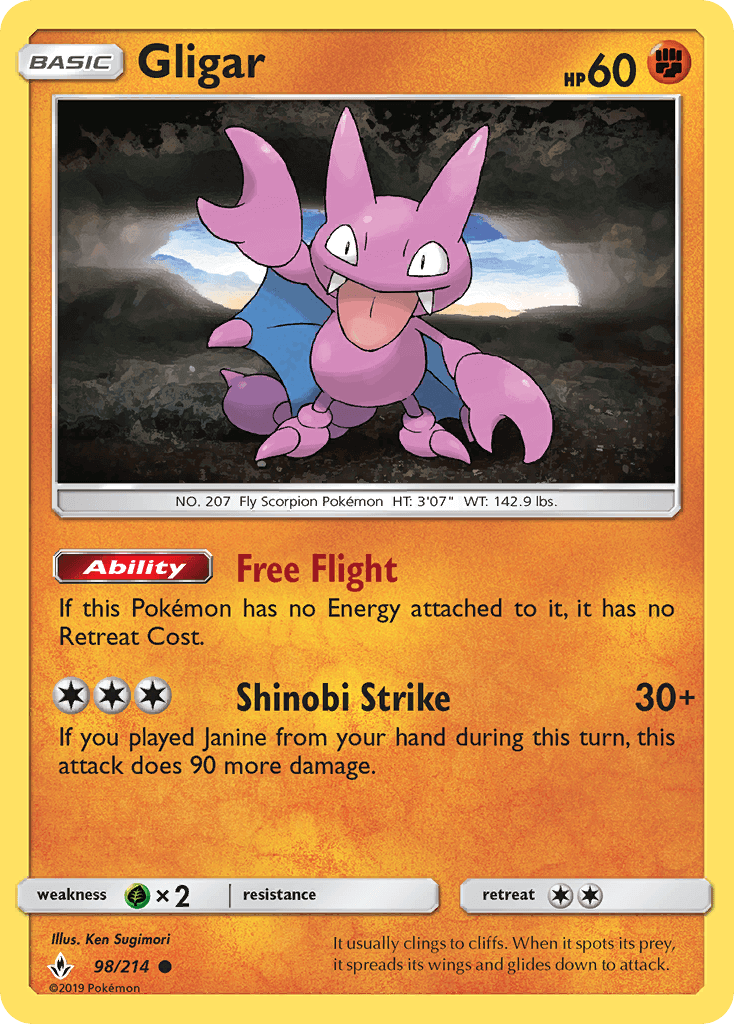 Gligar (98/214) [Sun & Moon: Unbroken Bonds] card featuring its abilities and stats in a colorful design.