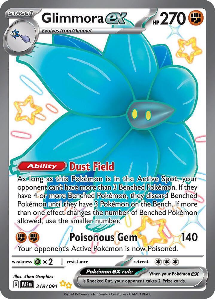 Glimmora ex (218/091) [Scarlet & Violet: Paldean Fates] card featuring a shiny blue flower design with ability Dust Field.