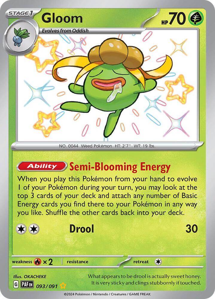 Gloom (093/091) [Scarlet & Violet: Paldean Fates] card featuring Semi-Blooming Energy ability and Grass type.