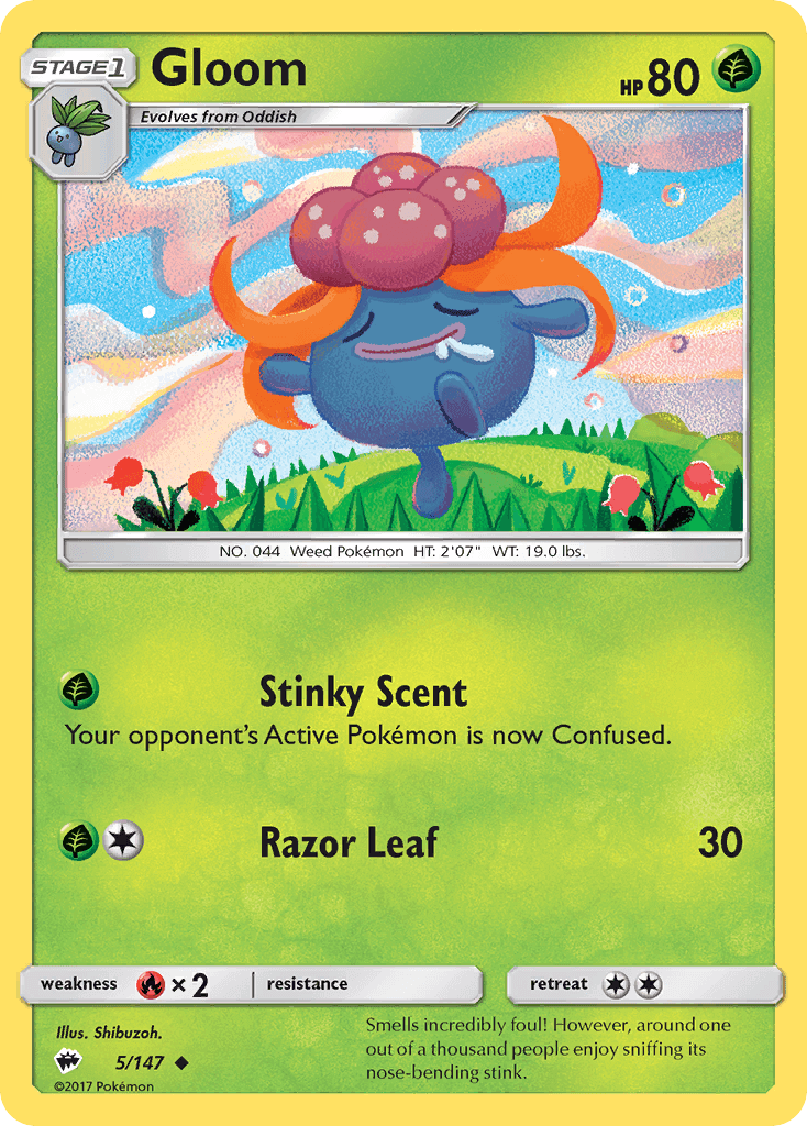 Gloom (5/147) [Sun & Moon: Burning Shadows] card showcasing its abilities Stinky Scent and Razor Leaf.