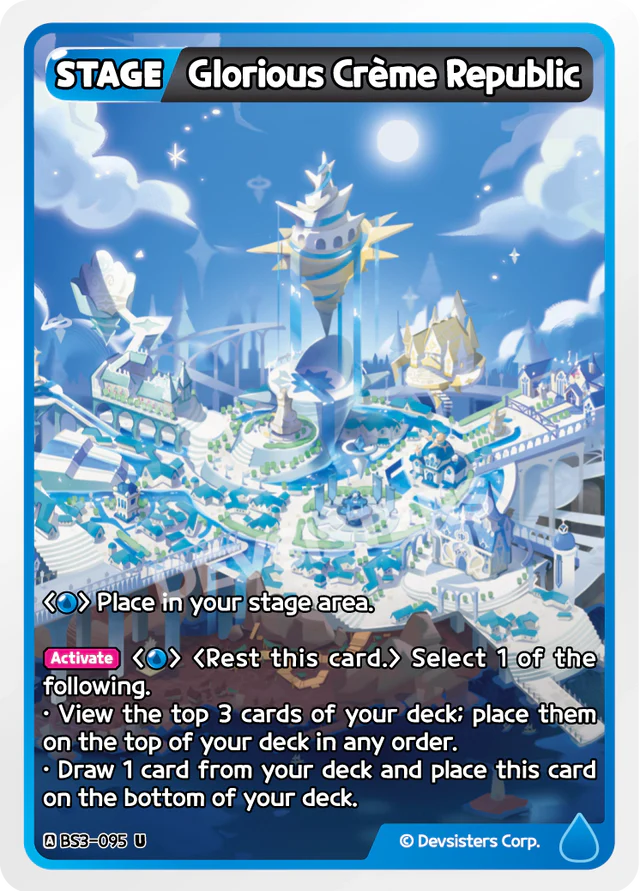 Glorious Creme Republic BS3-095 U | Uncommon Card featuring vibrant fantasy landscape and game instructions.