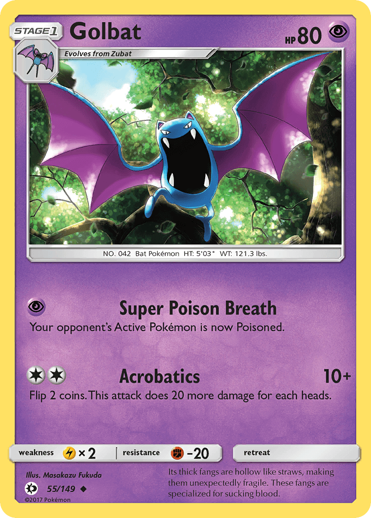 Golbat (55/149) [Sun & Moon: Base Set] card featuring Super Poison Breath and Acrobatics move.