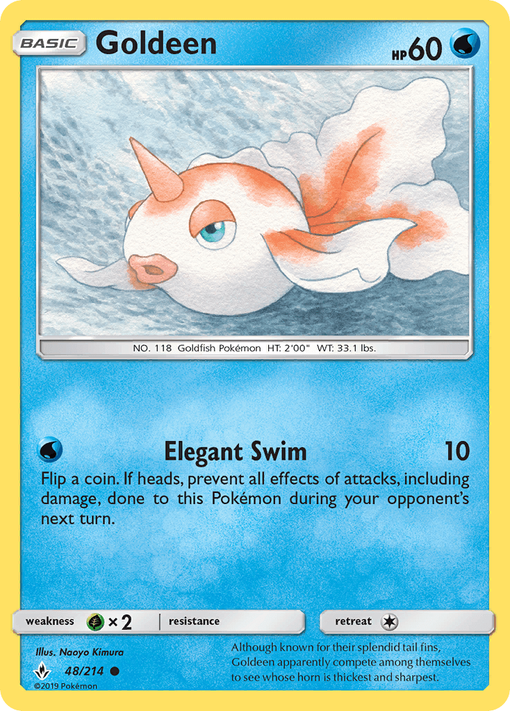 Goldeen (48/214) [Sun & Moon: Unbroken Bonds] card featuring its elegant swim ability and water-type design.