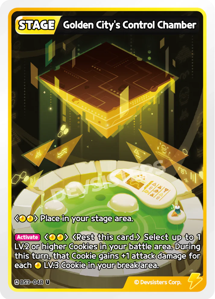 Golden City's Control Chamber BS3-048 U | Uncommon Card showcasing the stage area and card effects.