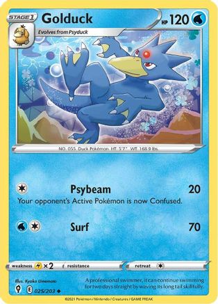 Golduck 025/203 - SWSH07 Evolving Skies Reverse Holofoil card featuring Psybeam and Surf attacks.