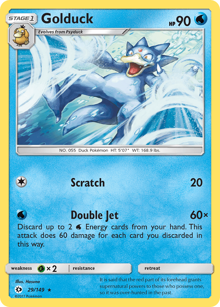 Golduck (29/149) [Sun & Moon: Base Set] shows a Water-type Pokémon card with abilities and artwork.