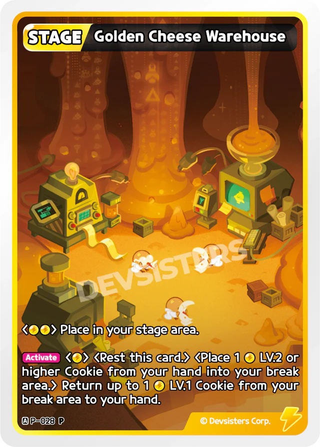 Golem Cheese Warehouse P-028 | Promo Card featuring a colorful cartoon warehouse for cookies.