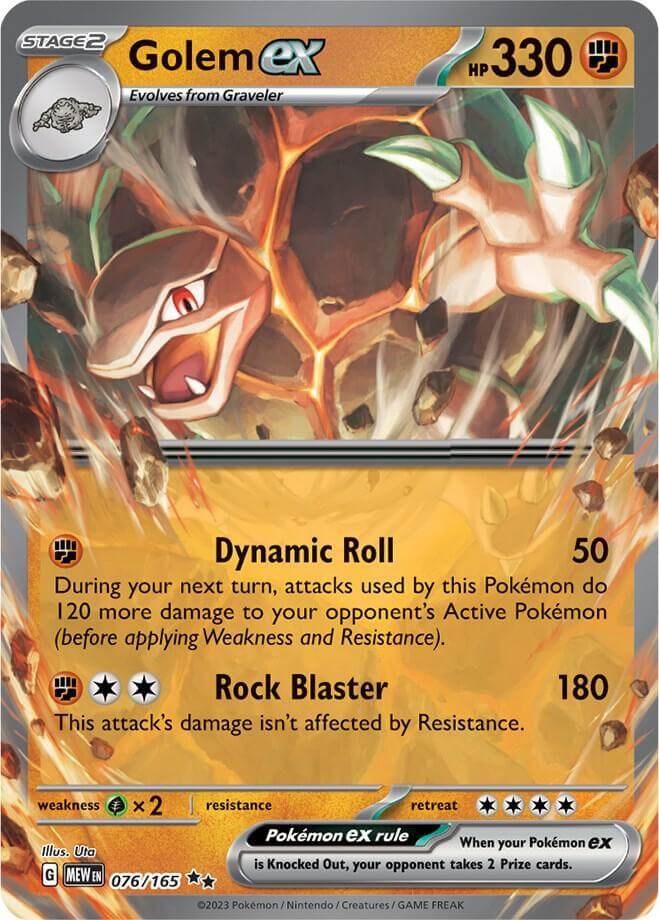 Golem ex (076/165) [Scarlet & Violet: 151] card featuring dynamic roll and rock blaster, displaying its fighting type.