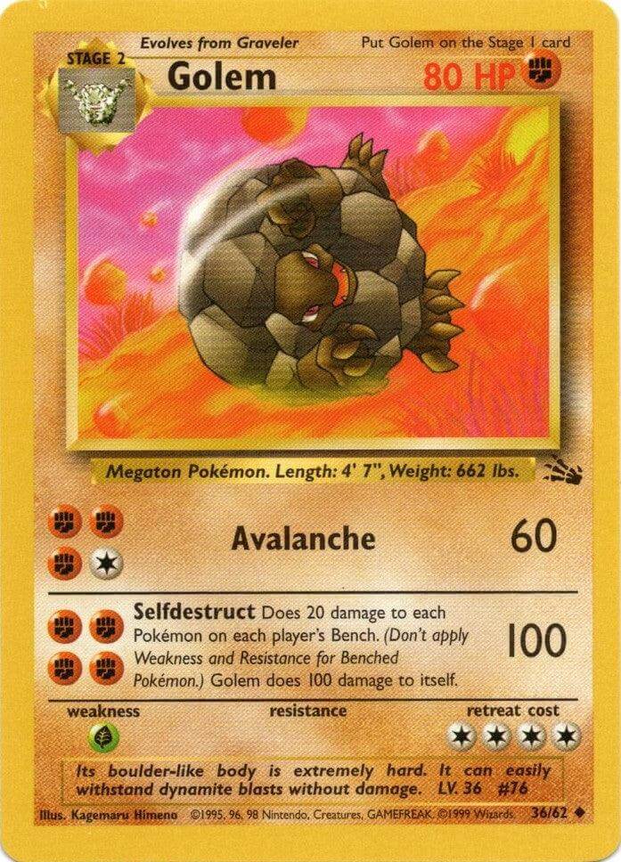 Golem (36/62) [Fossil Unlimited] trading card featuring Fighting type Pokémon with 80 HP and unique abilities.