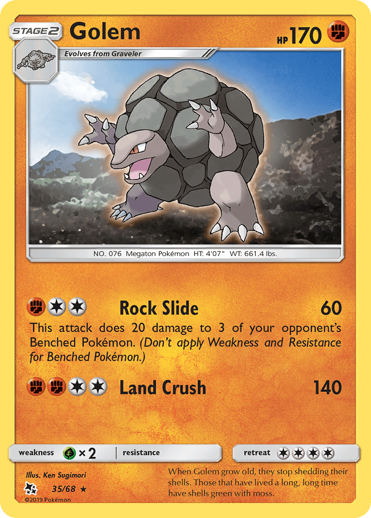 Golem (35/68) [Sun & Moon: Hidden Fates] card showcasing Rock Slide and Land Crush attacks.