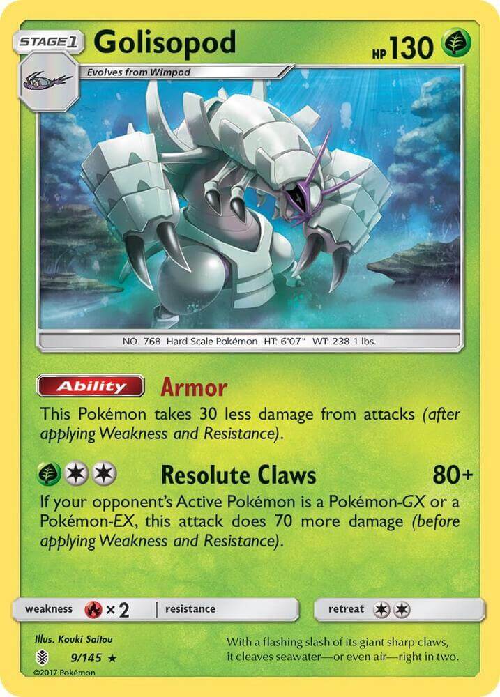 Golisopod (9/145) [Sun & Moon: Guardians Rising] card showcasing its Ability and attack details.