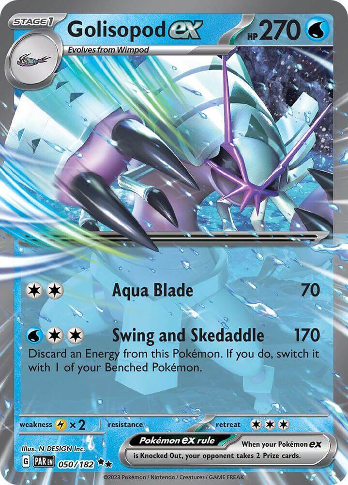 Golisopod ex (050/182) [Scarlet & Violet: Paradox Rift] card showcasing Aqua Blade and Swing and Skeddadle moves.