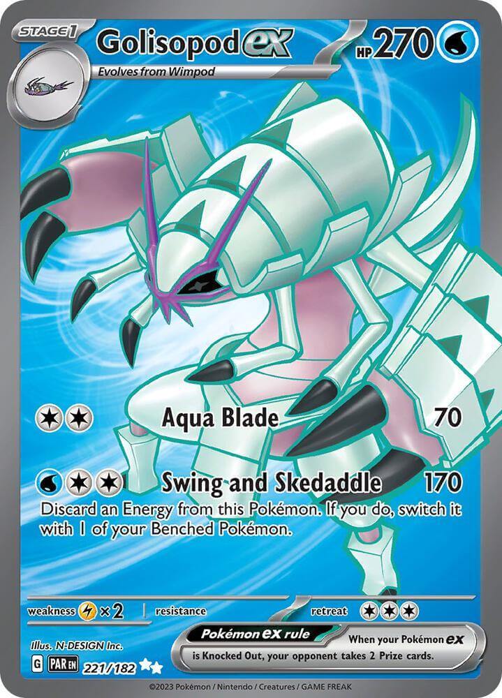 Golisopod ex (221/182) [Scarlet & Violet: Paradox Rift] card featuring Aqua Blade and Swing and Skedaddle moves.
