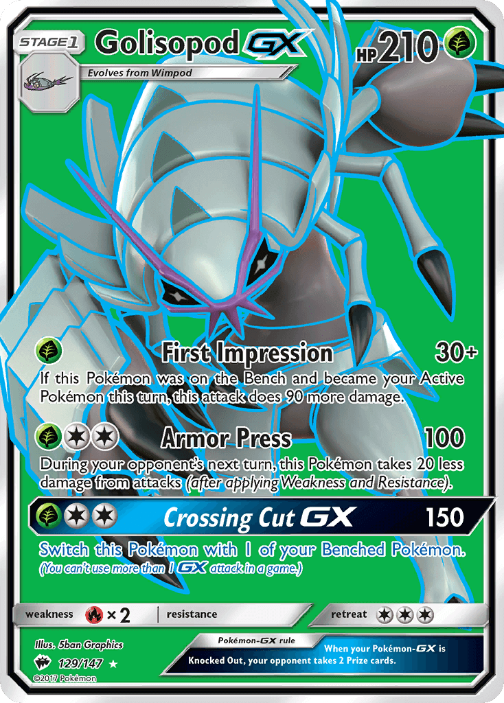Golisopod GX (129/147) [Sun & Moon: Burning Shadows] card showcasing design and stats.