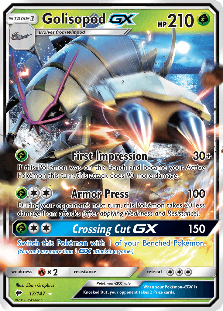Golisopod GX (17/147) [Sun & Moon: Burning Shadows] showcasing attacks and rarity details.