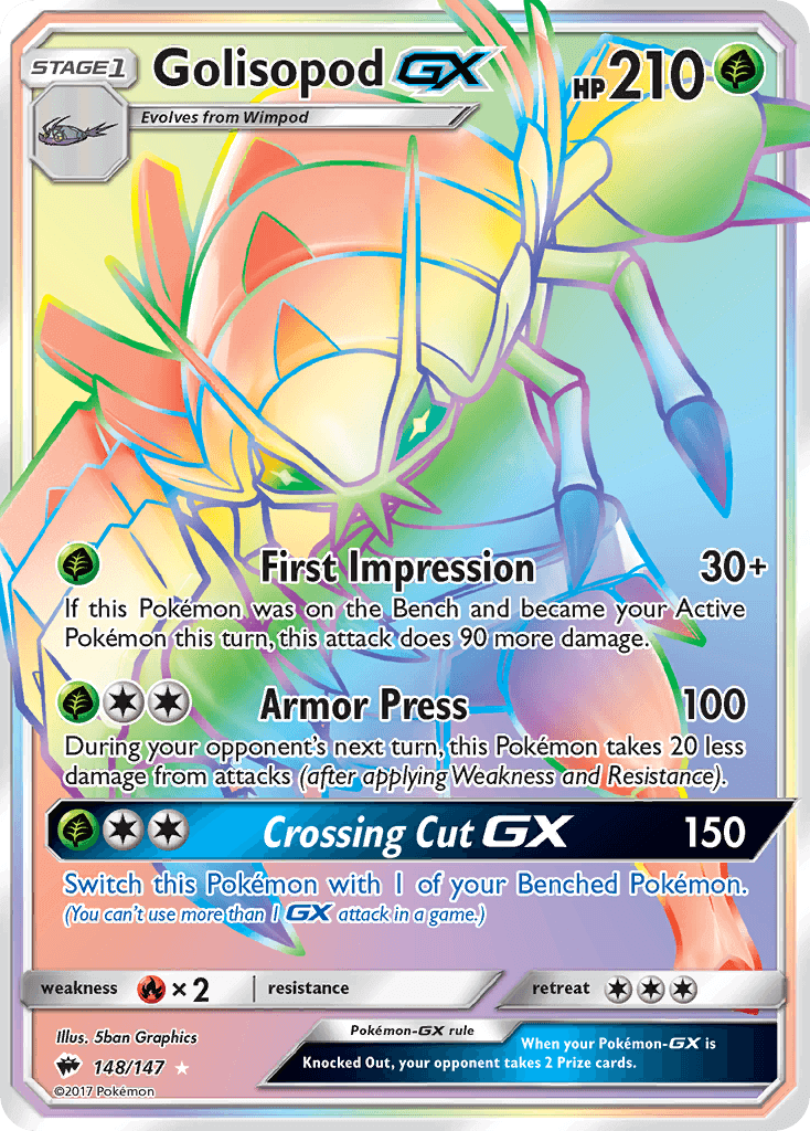 Golisopod GX (148/147) [Sun & Moon: Burning Shadows] card featuring HP 210 and unique attacks.