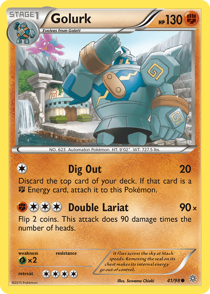 Golurk (41/98) [XY: Ancient Origins] card displaying Dig Out and Double Lariat attack details.