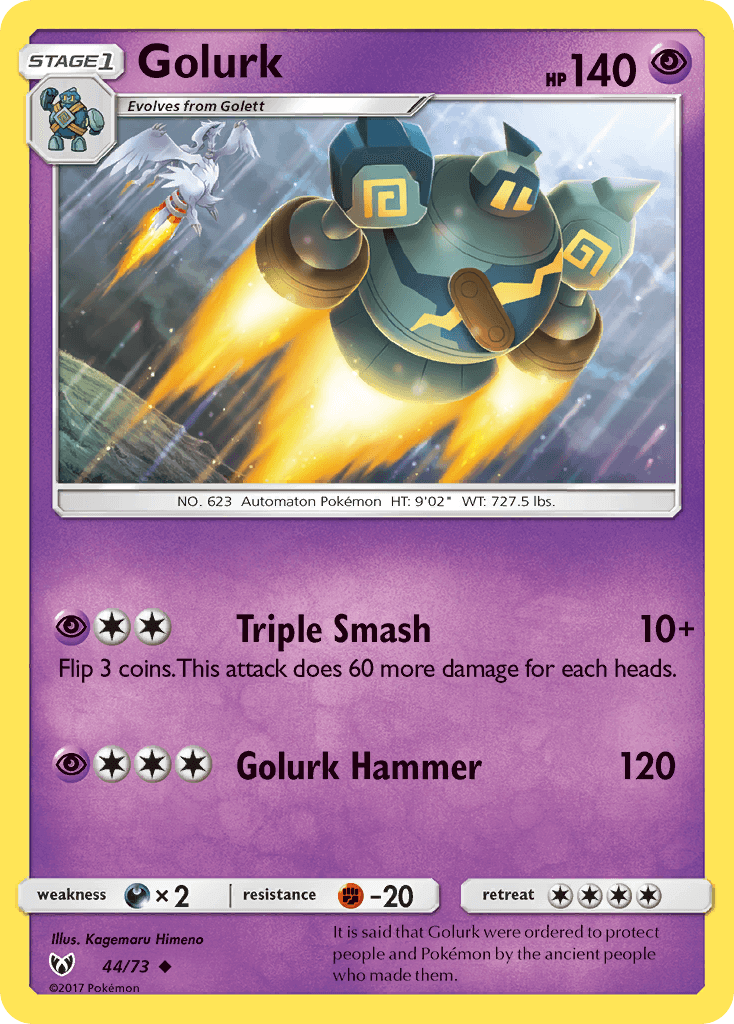Golurk (44/73) [Sun & Moon: Shining Legends] card showcasing Psychic type with HP 140 and attacks Triple Smash and Golurk Hammer.
