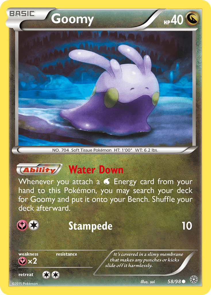 Goomy (58/98) [XY: Ancient Origins] card featuring abilities and stats showcasing its Dragon type.