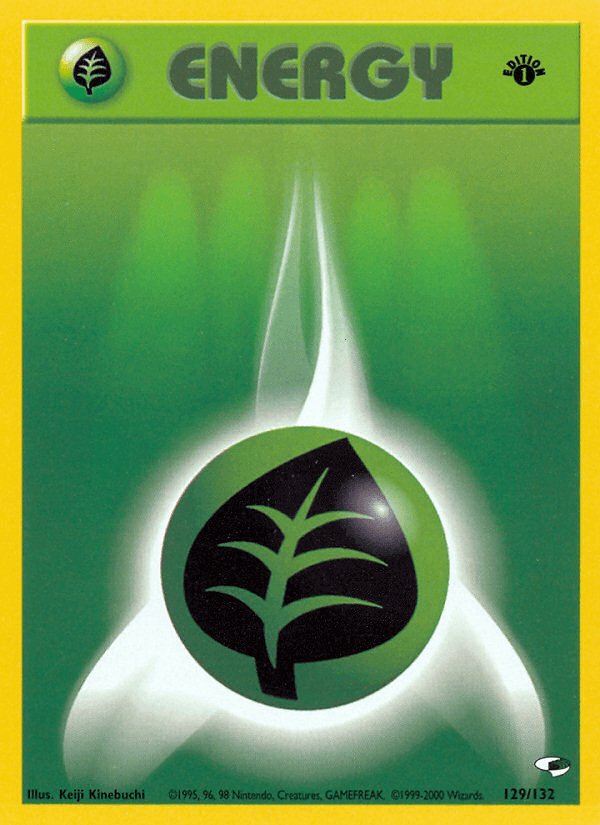 Grass Energy (129/132) [Gym Heroes 1st Edition] card featuring a green energy symbol and vibrant background.