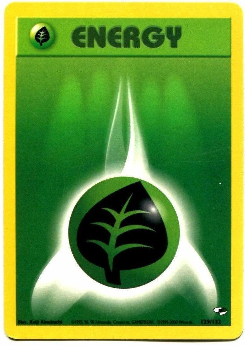 Grass Energy (129/132) [Gym Heroes Unlimited] card featuring a leafy symbol on vibrant green background.
