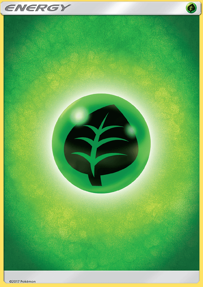 Grass Energy [Sun & Moon: Base Set] featuring a green orb with a leaf design, representing Basic Grass Energy.