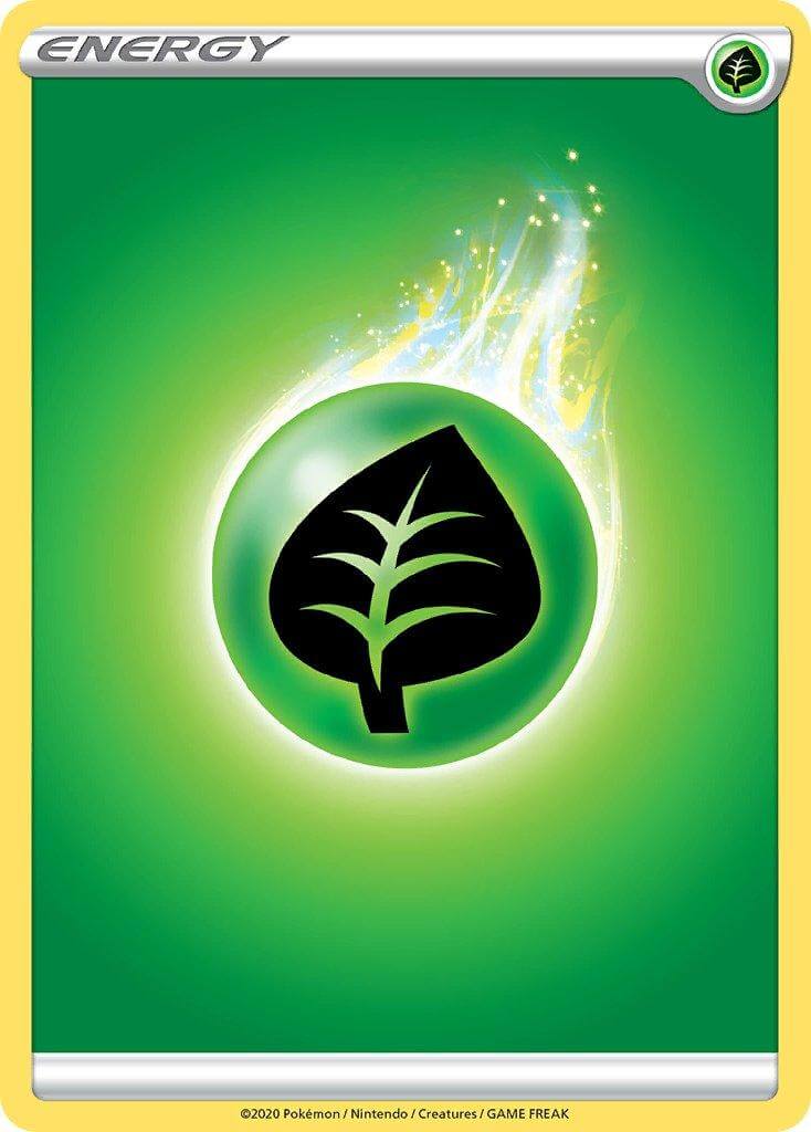 Grass Energy [Sword & Shield: Base Set] card featuring a green leaf symbol on a vibrant background.