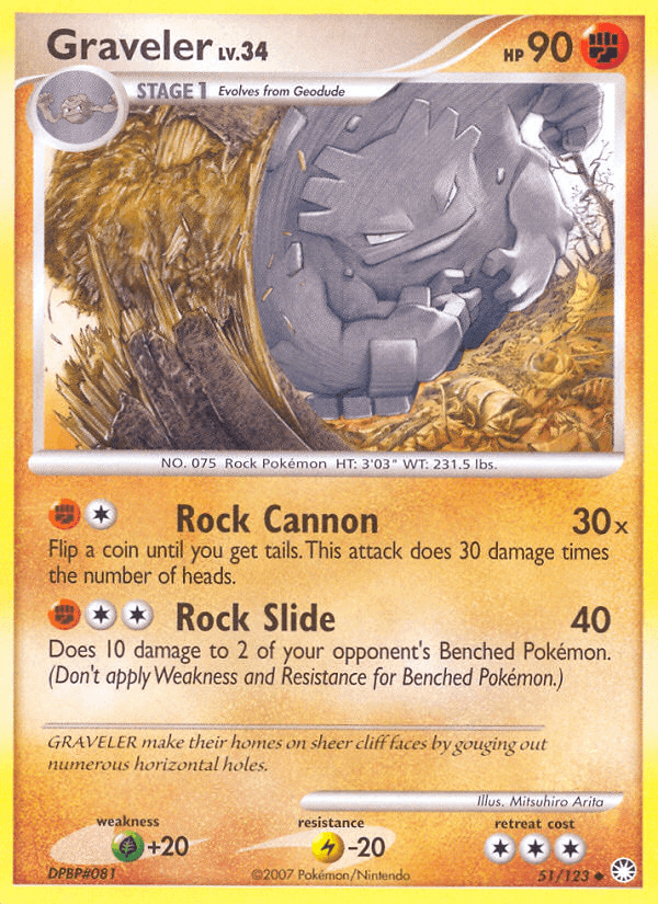 Graveler (51/123) [Diamond & Pearl: Mysterious Treasures] card featuring Rock Cannon and Rock Slide moves.