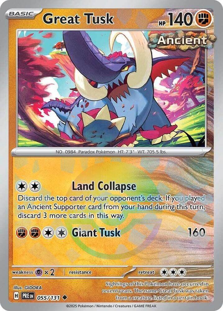 Great Tusk (055/131) (Poke Ball Pattern) [Scarlet & Violet: Prismatic Evolutions] card with HP 140 and abilities.