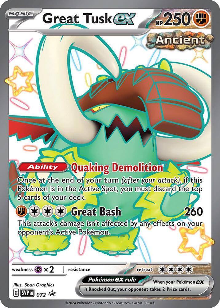 Great Tusk ex (072) [Scarlet & Violet: Black Star Promos] artwork featuring HP 250 and abilities Quaking Demolition and Great Bash.