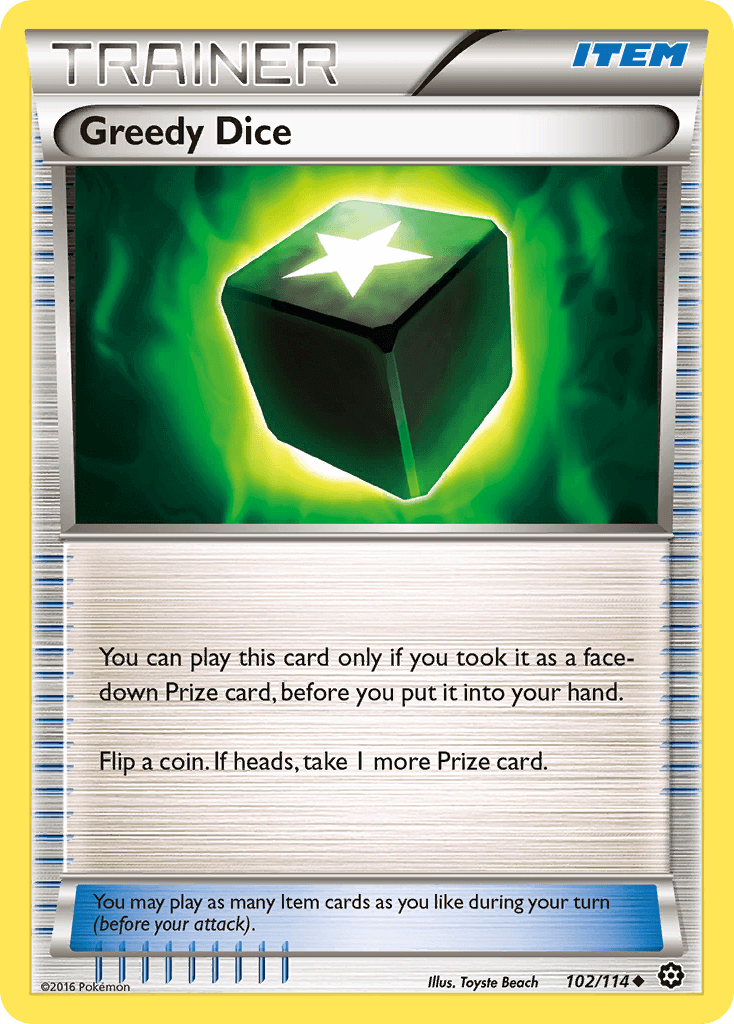 Greedy Dice (102/114) [XY: Steam Siege] Trainer Item card illustration with game rules and rarity details.